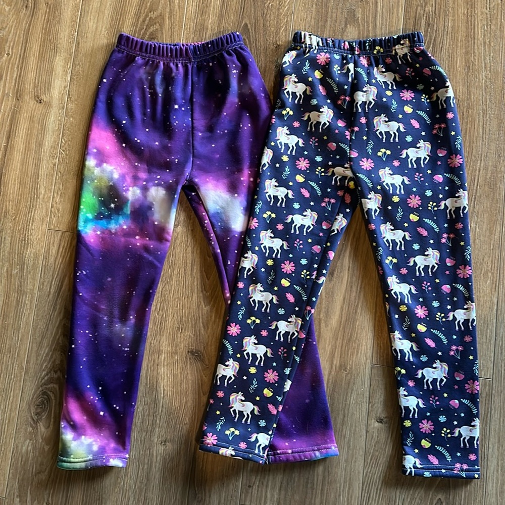 2pair girls 5T 6T kid fleece lined winter thick pant legging unicorns & universe